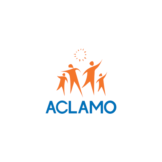 ACLAMO logo in blue letters with four orange animated figures