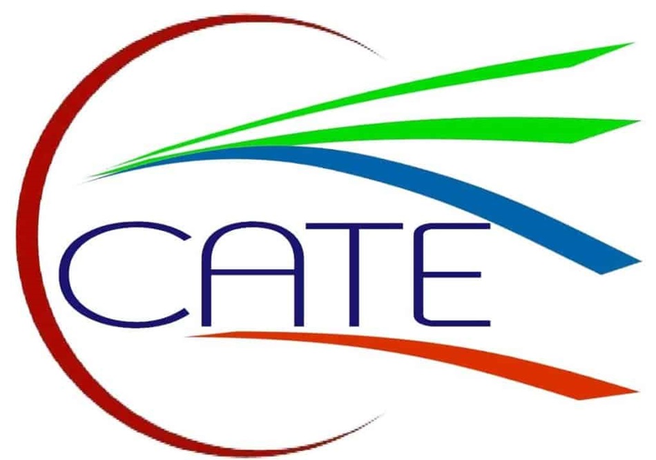 CCATE logo, featuring a big red c, and the words cate in purple, with green, blue, and red stripes in the center