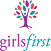 Girls First logo, featuring an animated girl in the shape of a purple tree, with purple, red, and turquoise leaves, and the word girls in purple and first in turquoise underneath