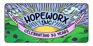 HopeWorx Inc. logo featuring a blue sky, yellow sun, and green grass, with a pink banner that says 'celebrating 30 years'