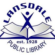 Lansdale Public Library logo featuring a book, and a stick figure standing on it, with the wording 'est. 1928.'