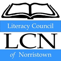 Literacy Council of Norristown's logo featuring a book in black and white, with the letters 'LCN' in black lettering.