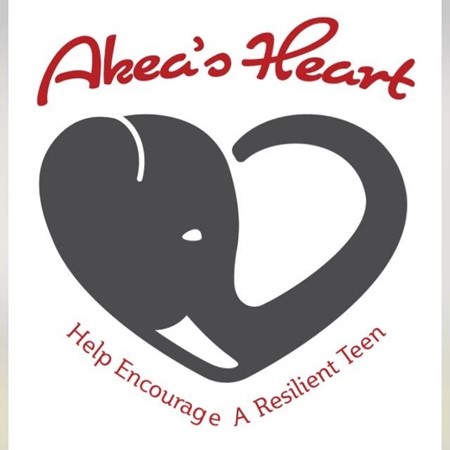 Akea's Heart logo featuring an elephant in the shape of a heart, and with the tagline "help encourage a resilient teen."