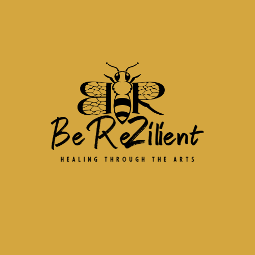 Nonprofit Organization Be ReZilient, Healing Through the Arts' logo, feature a yellow gold background and a bumble bee outlined in black.