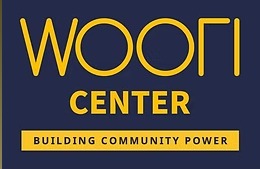 Woori Center, Building Community Power yellow text with dark blue background