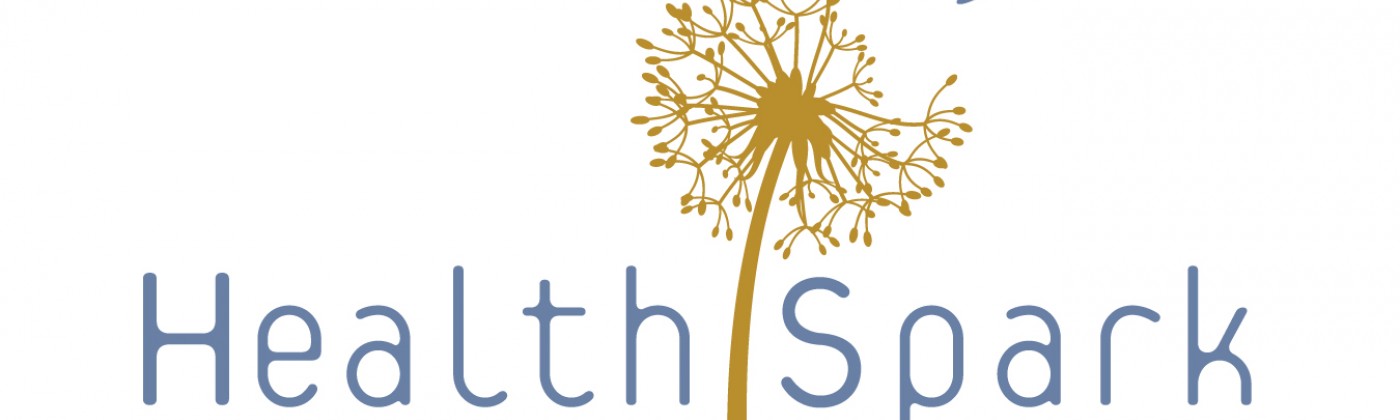 Logo with a dandelion seed head and one seed is flying off