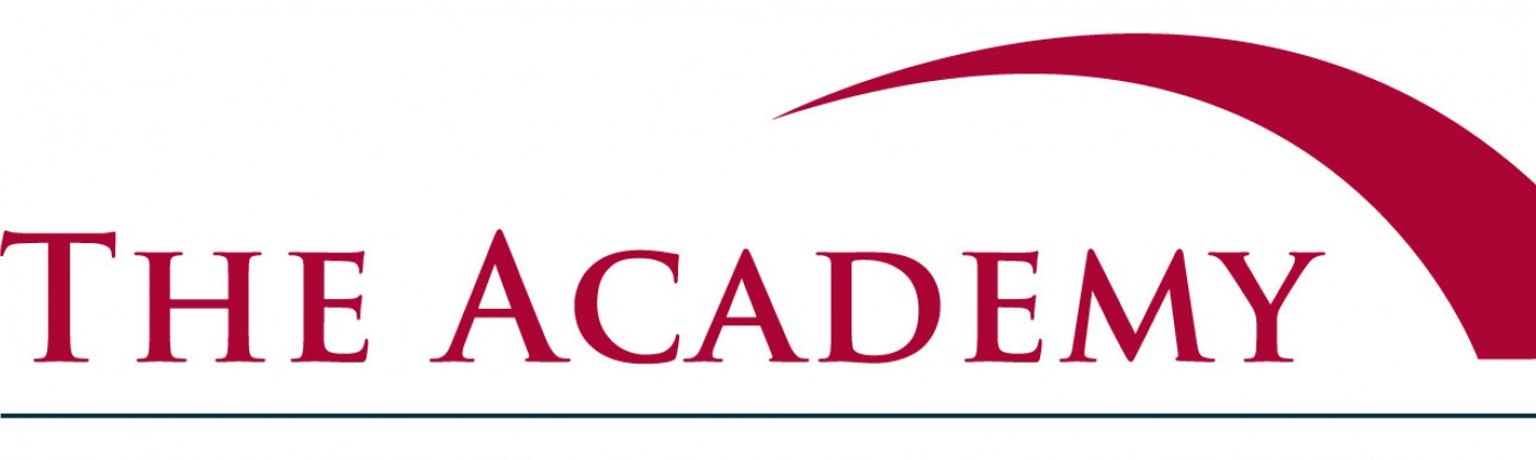 Red logo reading, "The Academy" with a red arch graphic