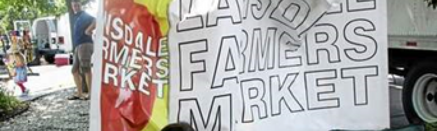 A woman sitting in a lawn chair in front of a banner that reads, "Lansdale Farmers Market."