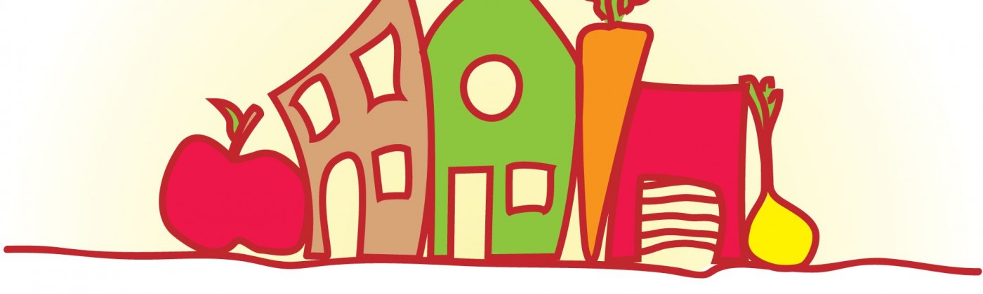 Colorful logo of cartoon houses surrounded by produce with the name Nutrition Coalition
