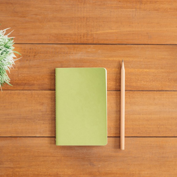 A lime green notebook, pencil, and succulent laid out on a brown desk.
