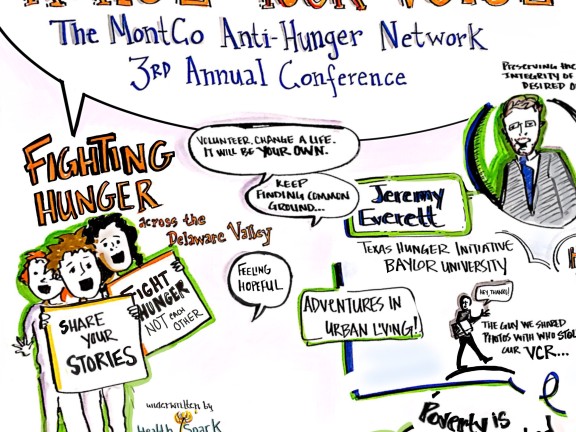 Cartoon depicting characters fighting hunger.