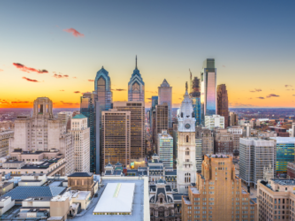 An image of the Philadelphia skyline at sunset.