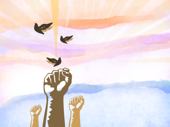 A painted sky with sun rays and streaks of orange, pink, light grey, and light blue hues. Also picture are three power fists with rays coming out of them and three birds flying in the air.