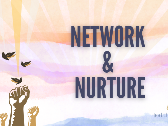 An event invite with yellow, pink, and purple hues and the text "Save the Date Network & Nurture." It also features birds and power firsts in the air.