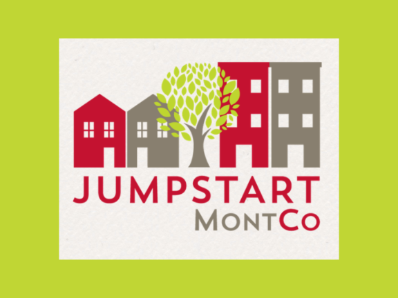 Jumpstart MontCo logo feature two houses, one in red, one in gray, a tree, then two buildings, one in red, one in gray.