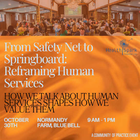 An event invite with a golden orange background and a header photo of last year's event, with the text From Safety Net to Springboard: Reframing Human Services