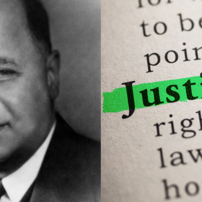 Two pictures: a black and white picture of Dr. Boston and then the word justice elevated on a background