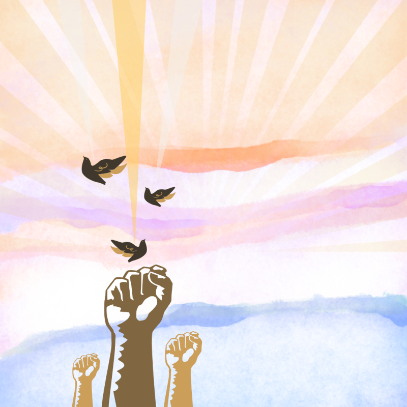 A painted sky with sun rays and streaks of orange, pink, light grey, and light blue hues. Also picture are three power fists with rays coming out of them and three birds flying in the air.