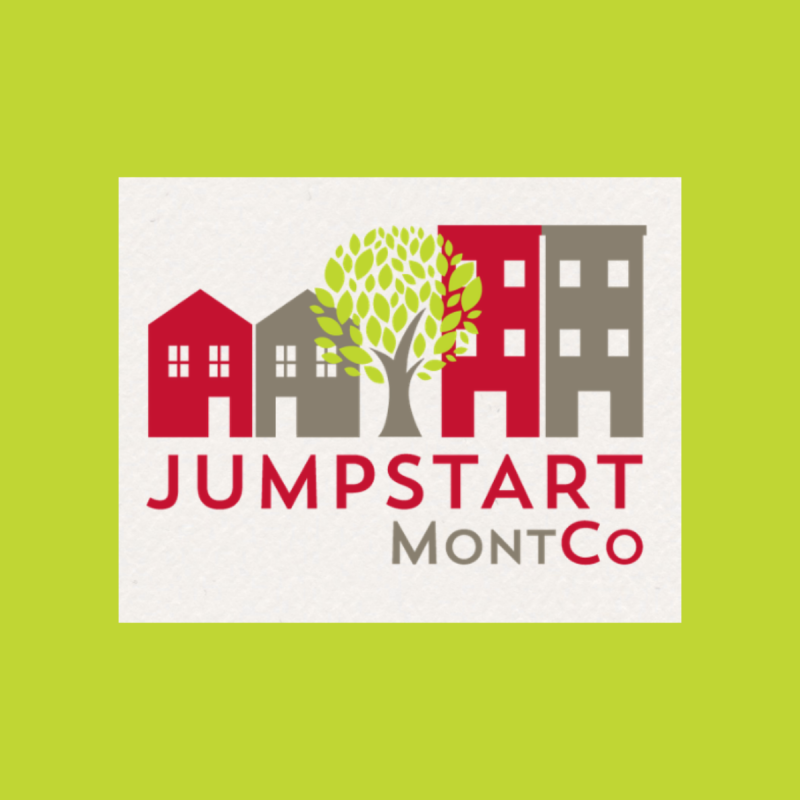 Jumpstart MontCo logo feature two houses, one in red, one in gray, a tree, then two buildings, one in red, one in gray.