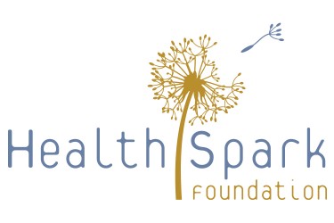 Logo with a dandelion seed head and one seed is flying off