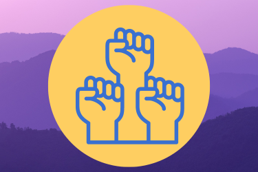 A graphic design icon of three fists, over a purple sky background.