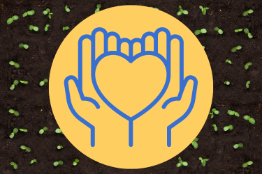 A graphic design icon of two hands together, palms up, holding a heart, over a background image of little plants starting to bloom. 