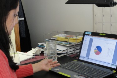 A woman works on a laptop with a pie chart on screen.