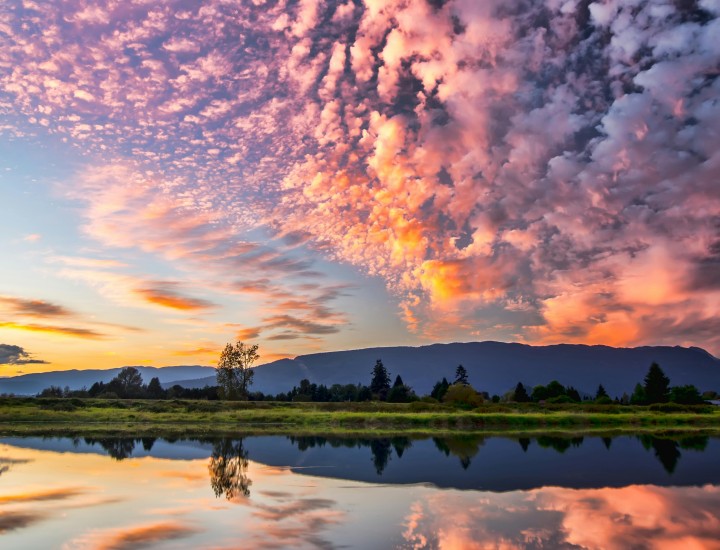 A picture of a purple pink clouds over a lakeside, with the reflection of the clouds in the water.