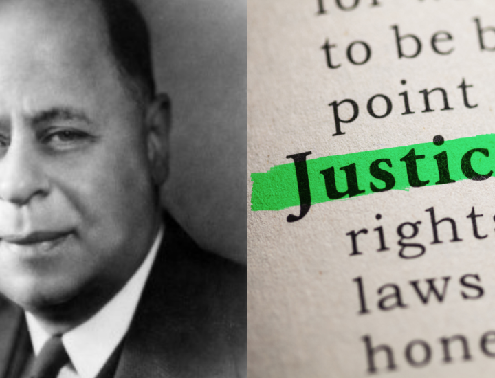 Two pictures: a black and white picture of Dr. Boston and then the word justice elevated on a background