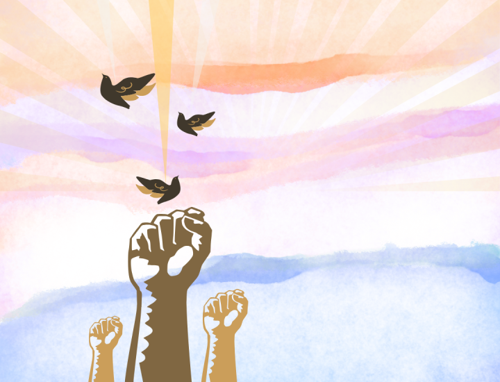 A painted sky with sun rays and streaks of orange, pink, light grey, and light blue hues. Also picture are three power fists with rays coming out of them and three birds flying in the air.