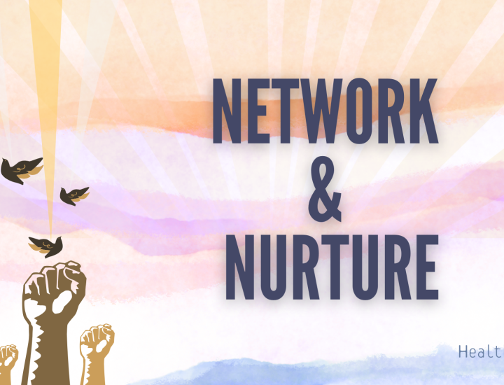 An event invite with yellow, pink, and purple hues and the text "Save the Date Network & Nurture." It also features birds and power firsts in the air.