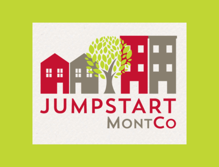 Jumpstart MontCo logo feature two houses, one in red, one in gray, a tree, then two buildings, one in red, one in gray.
